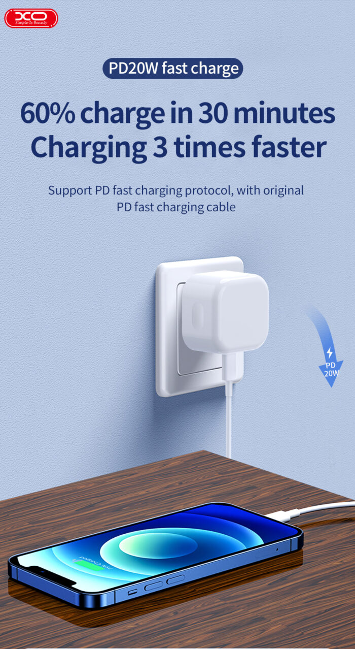 XO-L88 (UK) ADAPTER PD 20W QUICK CHARGER SUIT WITH TYPE-C TO LIGHTNING PD CABLE