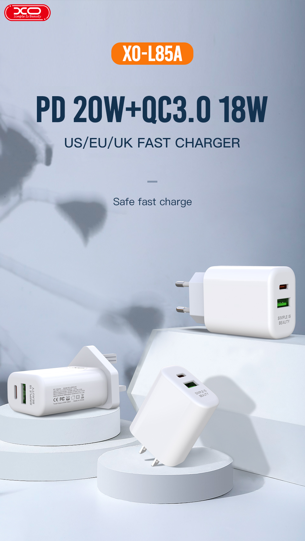 XO-L85A PD 20W+ QC 3.0 Fast Charger with Cable Type-C